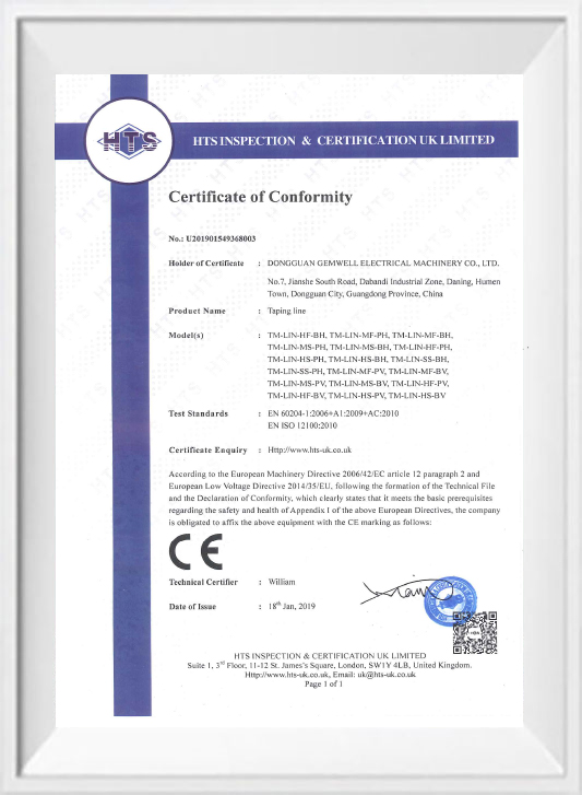 Certificat CE - mașină de bandă